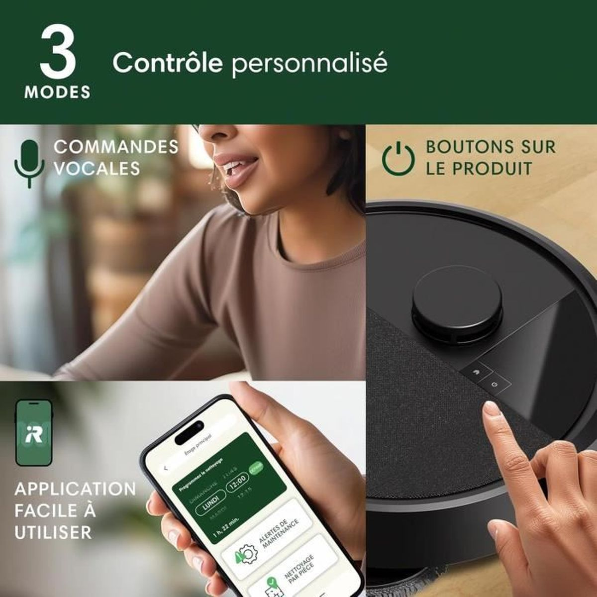 Imagen muestra 3 modos: control por voz, control por app, botones del producto. Control personalizado.