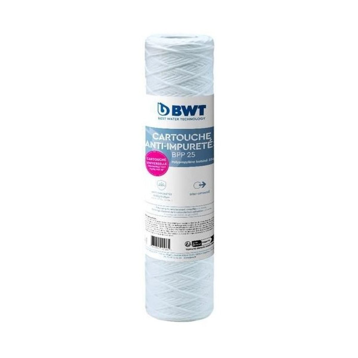 Ein weißer BWT-Wasserfilter, BPP 25, Polypropylen gewickelt.