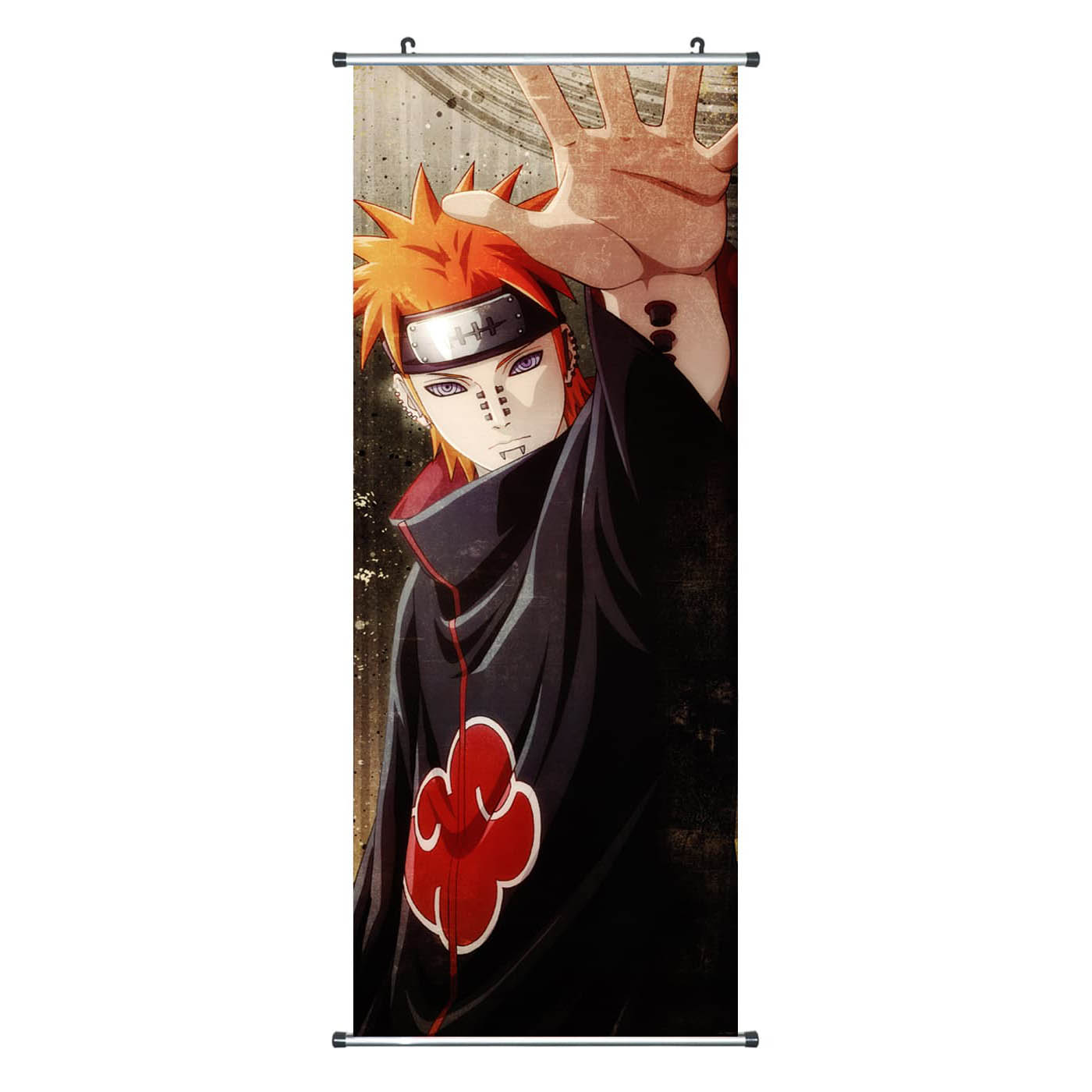 Anime-Charakter mit orangefarbenem Haar, lila Augen und Akatsuki-Robe.
