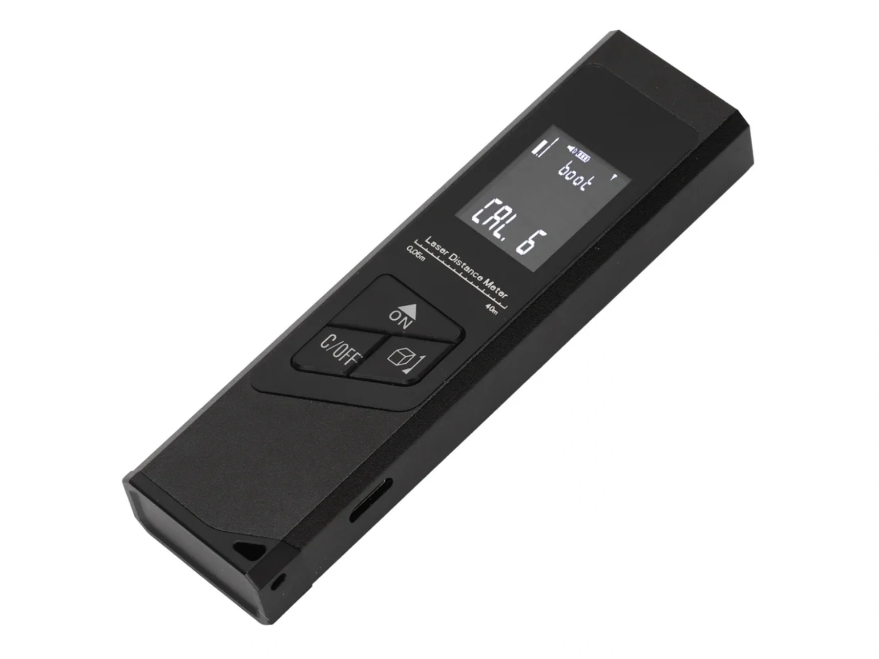 Schwarzer Laser-Entfernungsmesser mit Display und Tasten.