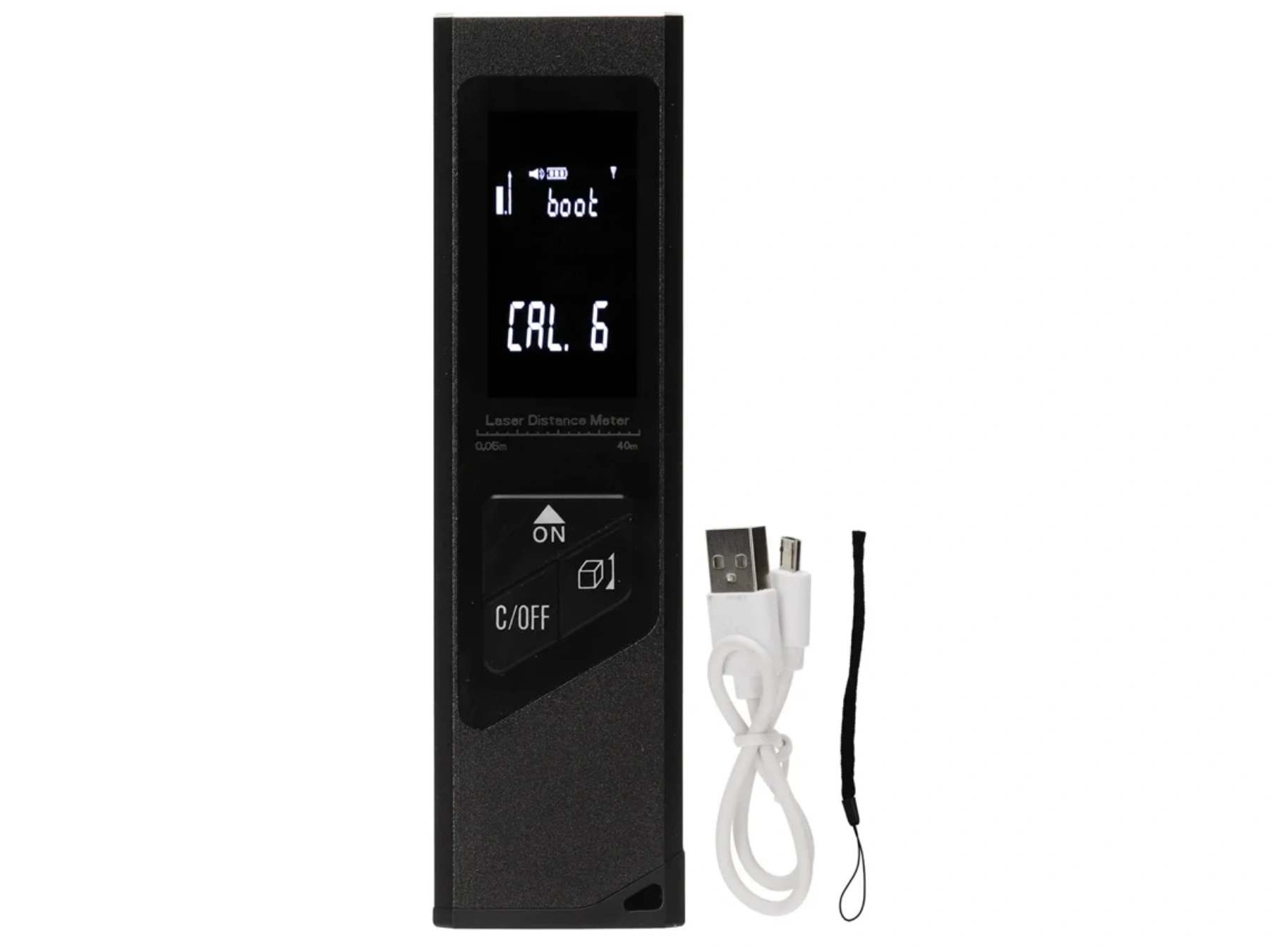 Schwarzer Laser-Entfernungsmesser mit USB-Kabel und Lanyard auf weißem Hintergrund.