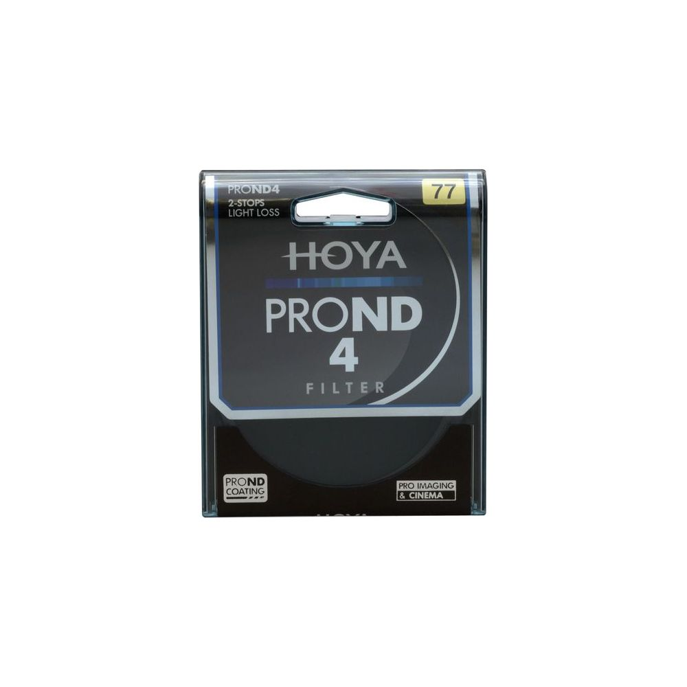 Un emballage de filtre Hoya PROND 4, taille 77 mm, avec 2 stops de perte de lumière.