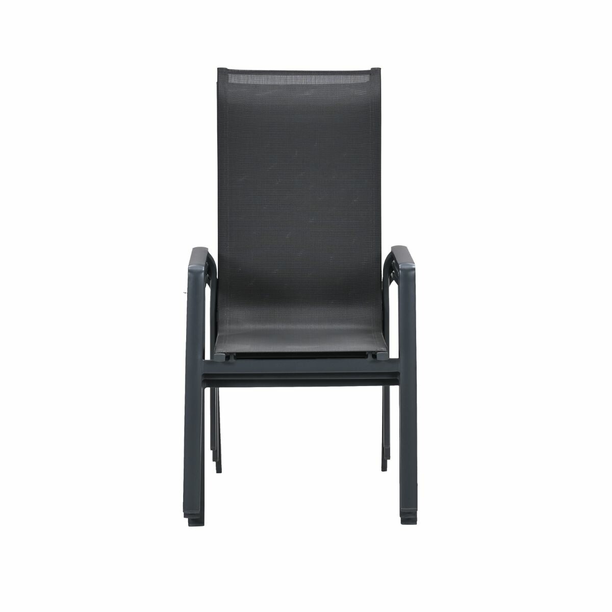 Een donkere, moderne stoel met stoffen zitting en metalen frame.