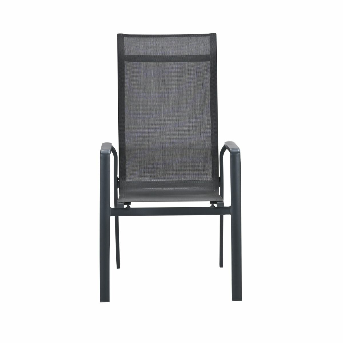 Een grijze stoel met stoffen zitting en donker metalen frame.