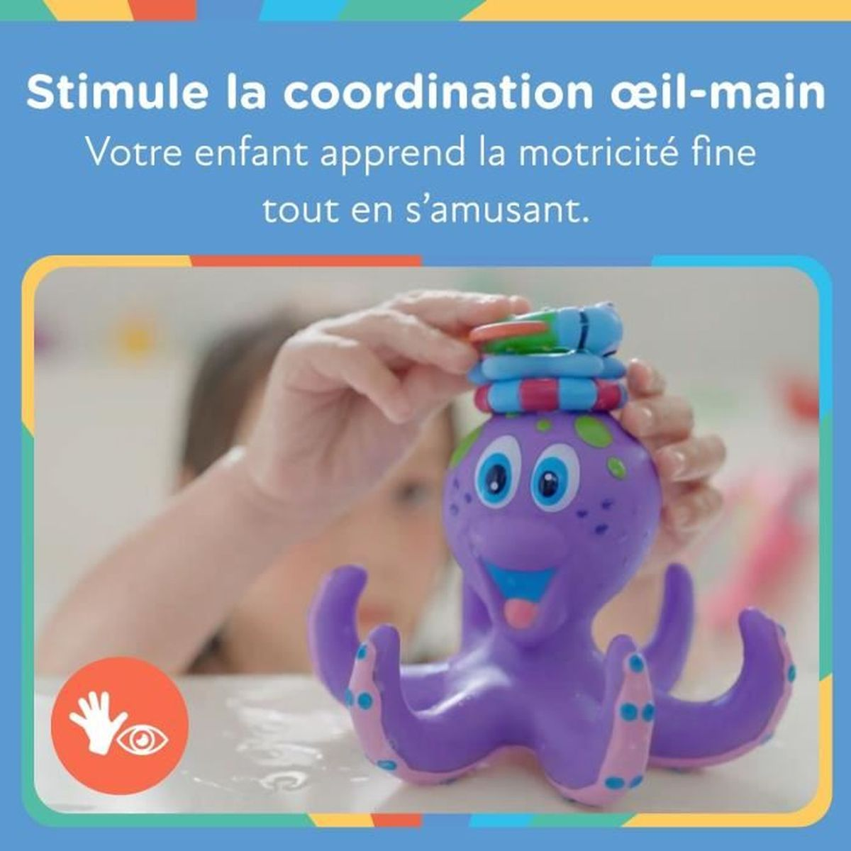 Ein lila Oktopus-Spielzeug mit bunten Ringen auf dem Kopf.