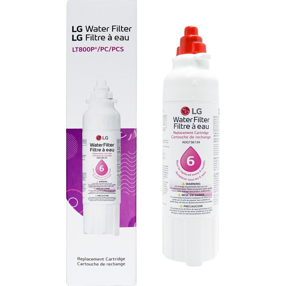 LG Wasserfilter Ersatzpatrone LT800P, weiß mit rotem Deckel, auf Verpackung.