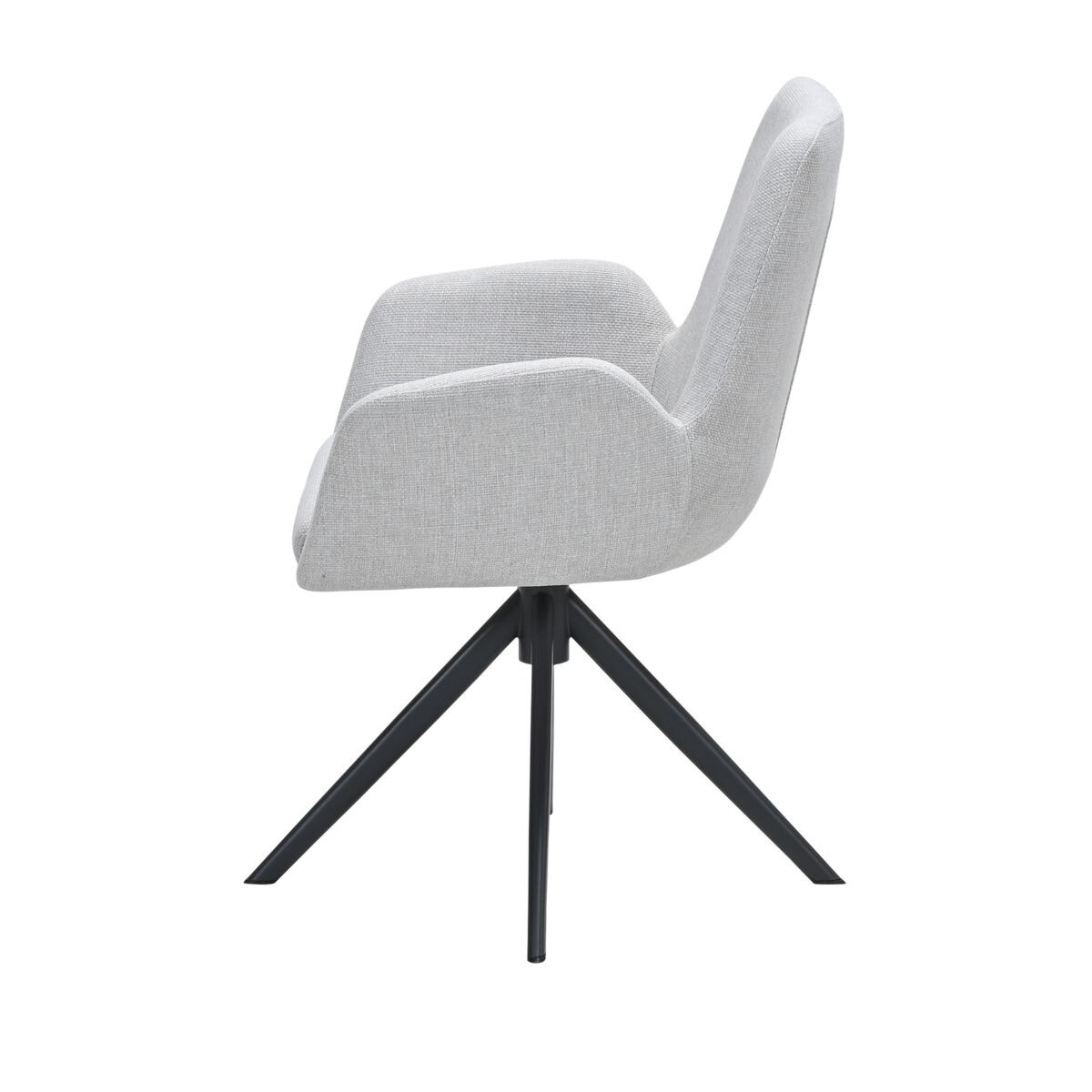 Lichtgrijze stoffen fauteuil met een zwart metalen onderstel met drie poten.