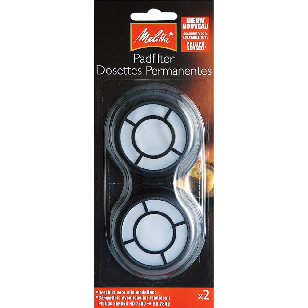 Zwei runde, wiederverwendbare Melitta Padfilter für Philips Senseo Kaffeemaschinen.