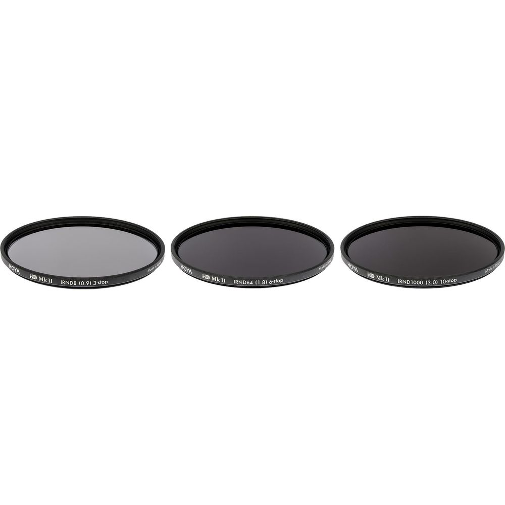 Drei HOYA HD Mk II Kamera-Objektivfilter: 3-Stopp, 6-Stopp und 10-Stopp.
