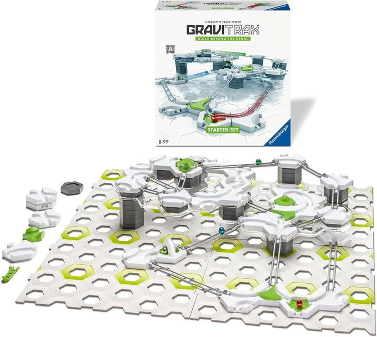 Gravitrax Starter-Set Murmelbahn mit Bahnen, Türmen und Kugeln auf weißer Basis.