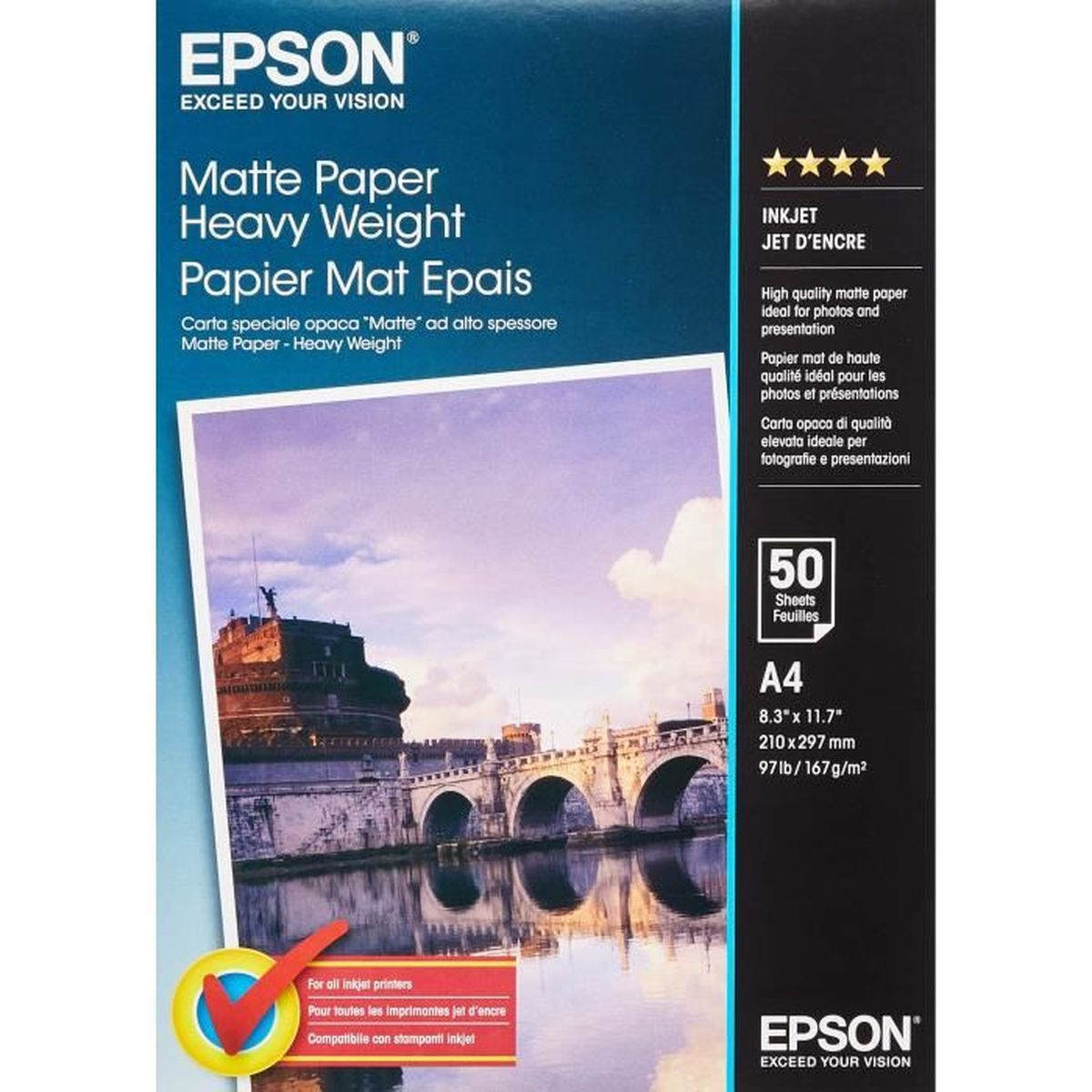Papier Epson Matowy Ciężki, A4, 50 arkuszy, z obrazem mostu i zamku.