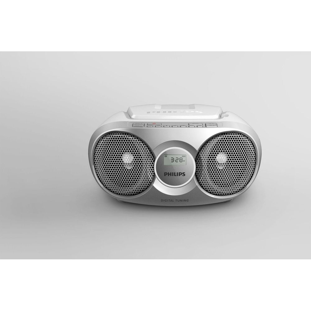 Boombox Philips argentée avec lecteur CD et affichage numérique 3:28.