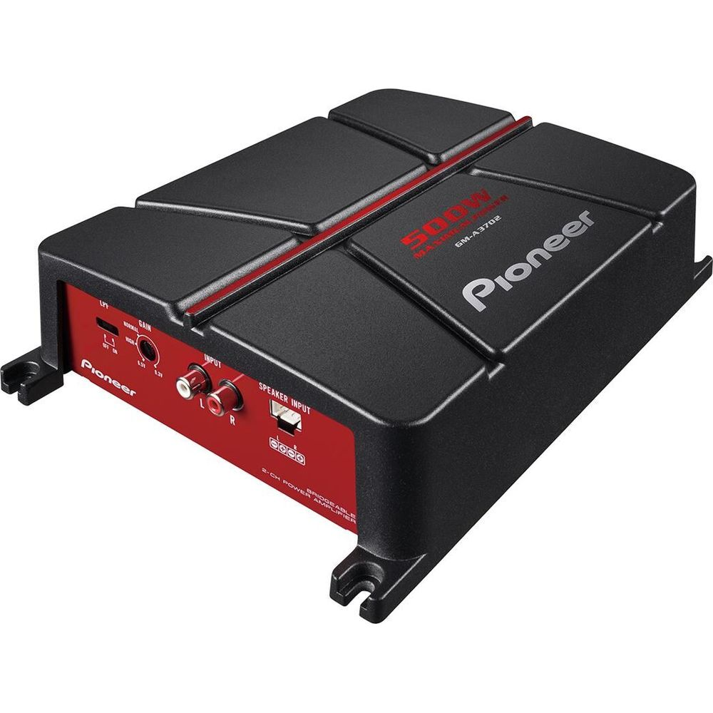 Schwarzer Pioneer 500W 2-Kanal-Verstärker mit roten Akzenten und Anschlüssen.
