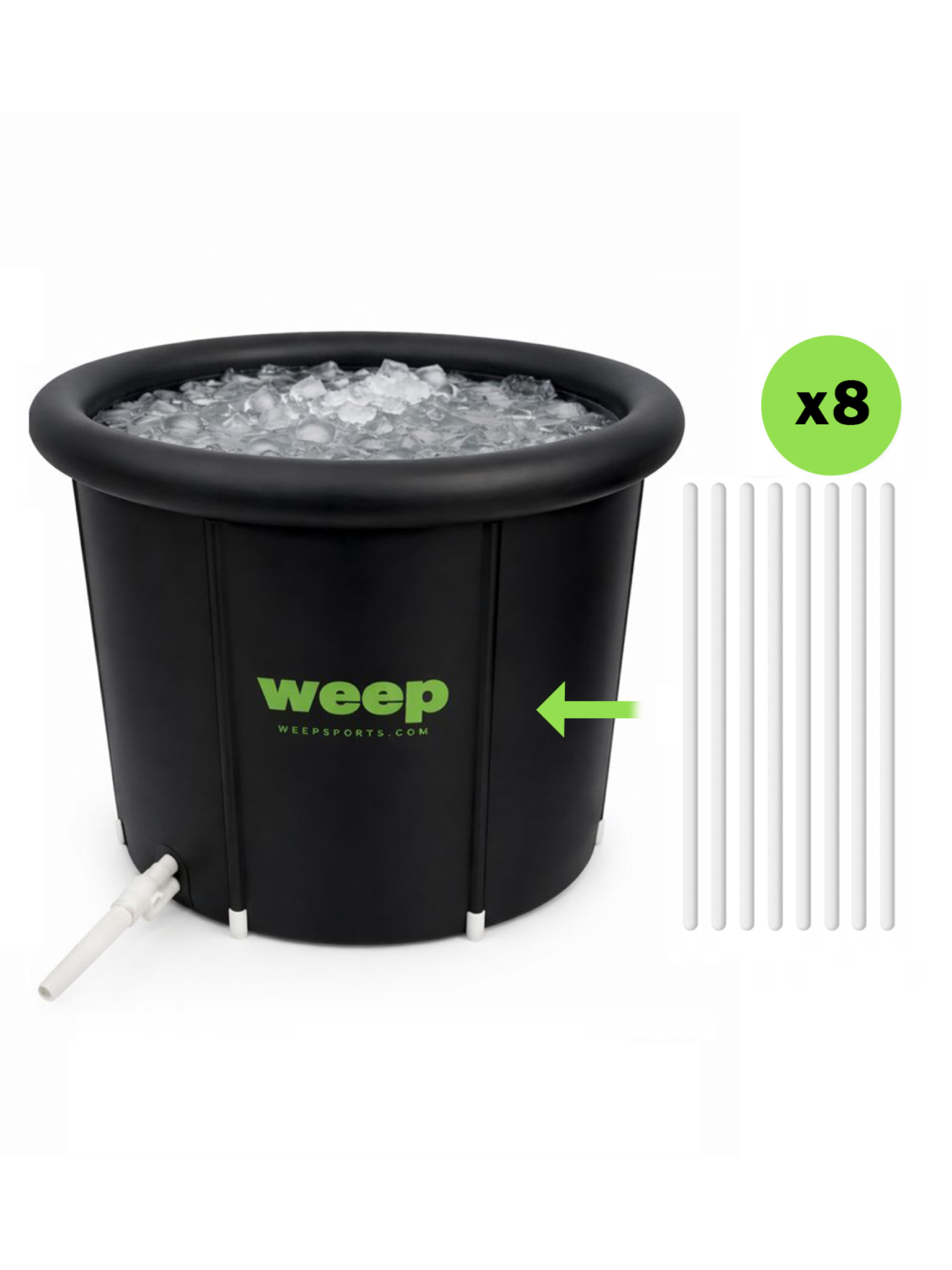 Schwarze Wanne gefüllt mit Eis, mit weißem Ablassventil und acht weißen Stäben daneben.