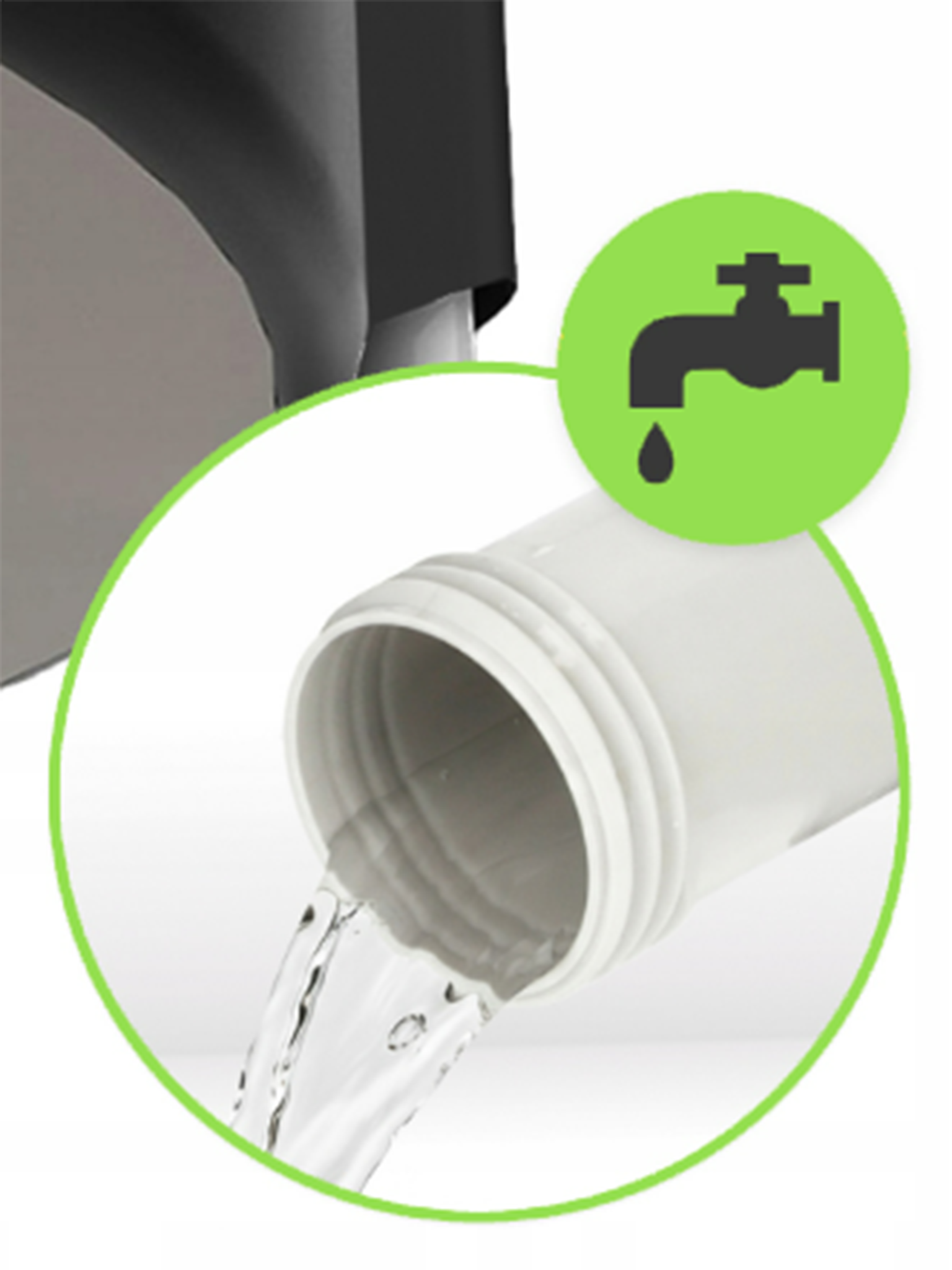 Wasser fließt aus einem weißen Rohr, Symbol für Wasserhahn daneben.