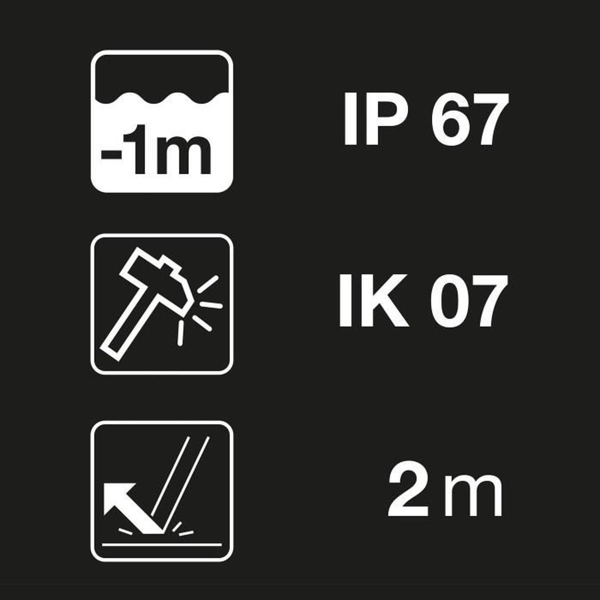 Ikony wodoodporności, odporności na uderzenia i wysokości upadku.
