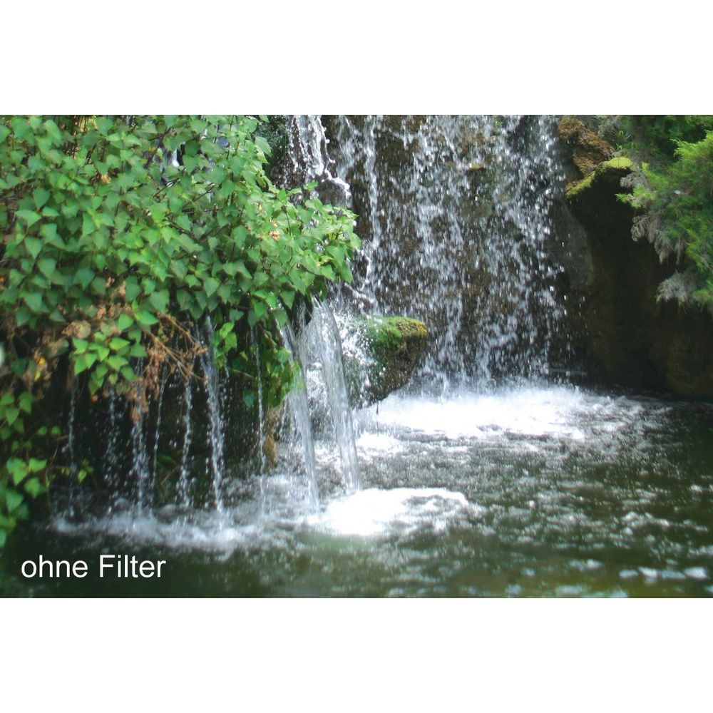 Ein Wasserfall stürzt in einen Teich, umgeben von üppigem Grün.