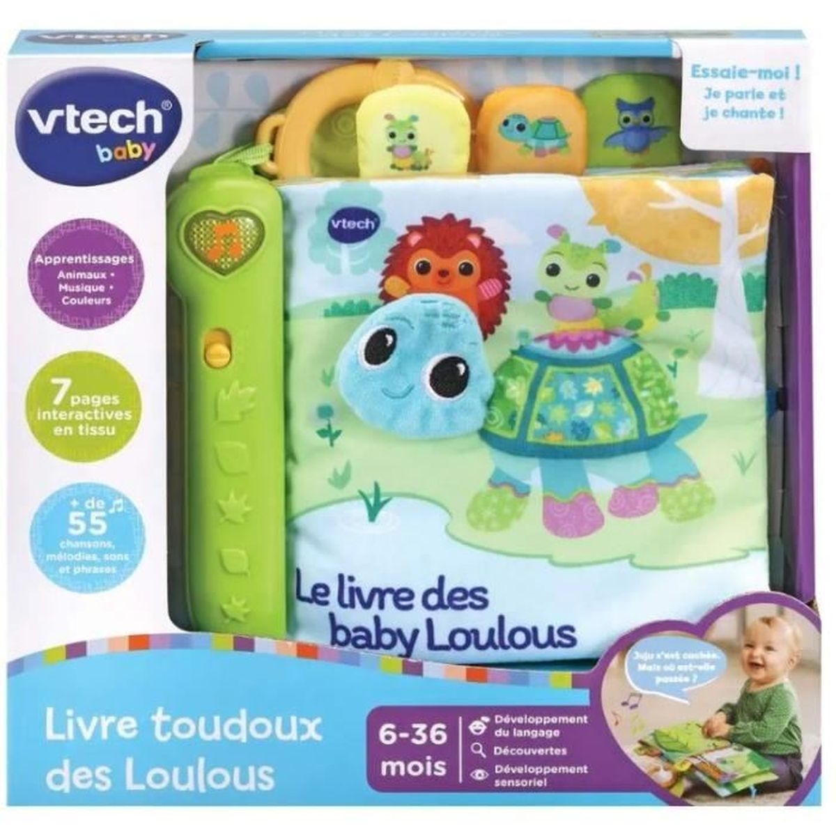 Miękka książeczka VTech Baby z zabawkami i zwierzątkami. Zielony długopis po lewej stronie.