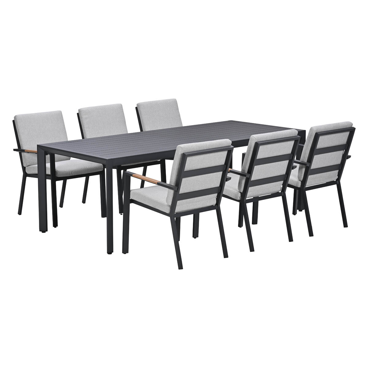 Een donkere rechthoekige tafel met zes lichtgrijze stoelen met armleuningen.