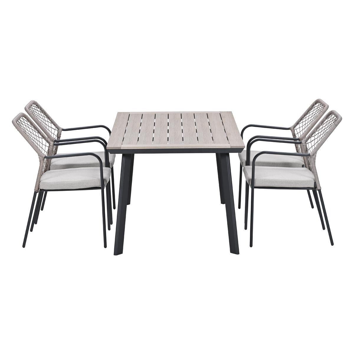 Een rechthoekige tafel met vier stoelen met kussens, tegen een witte achtergrond.