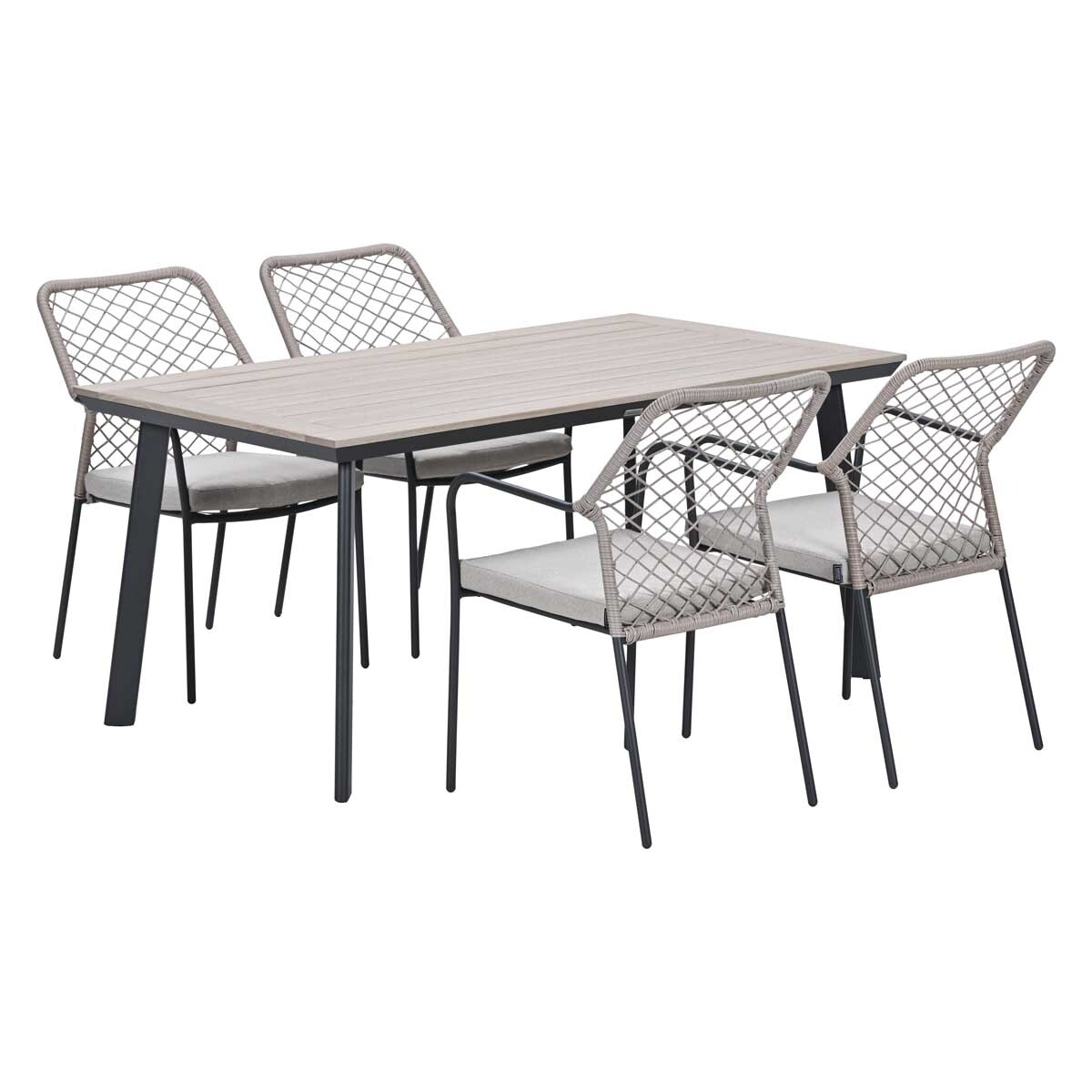 Een rechthoekige tafel met vier stoelen, allemaal met grijze kussens.