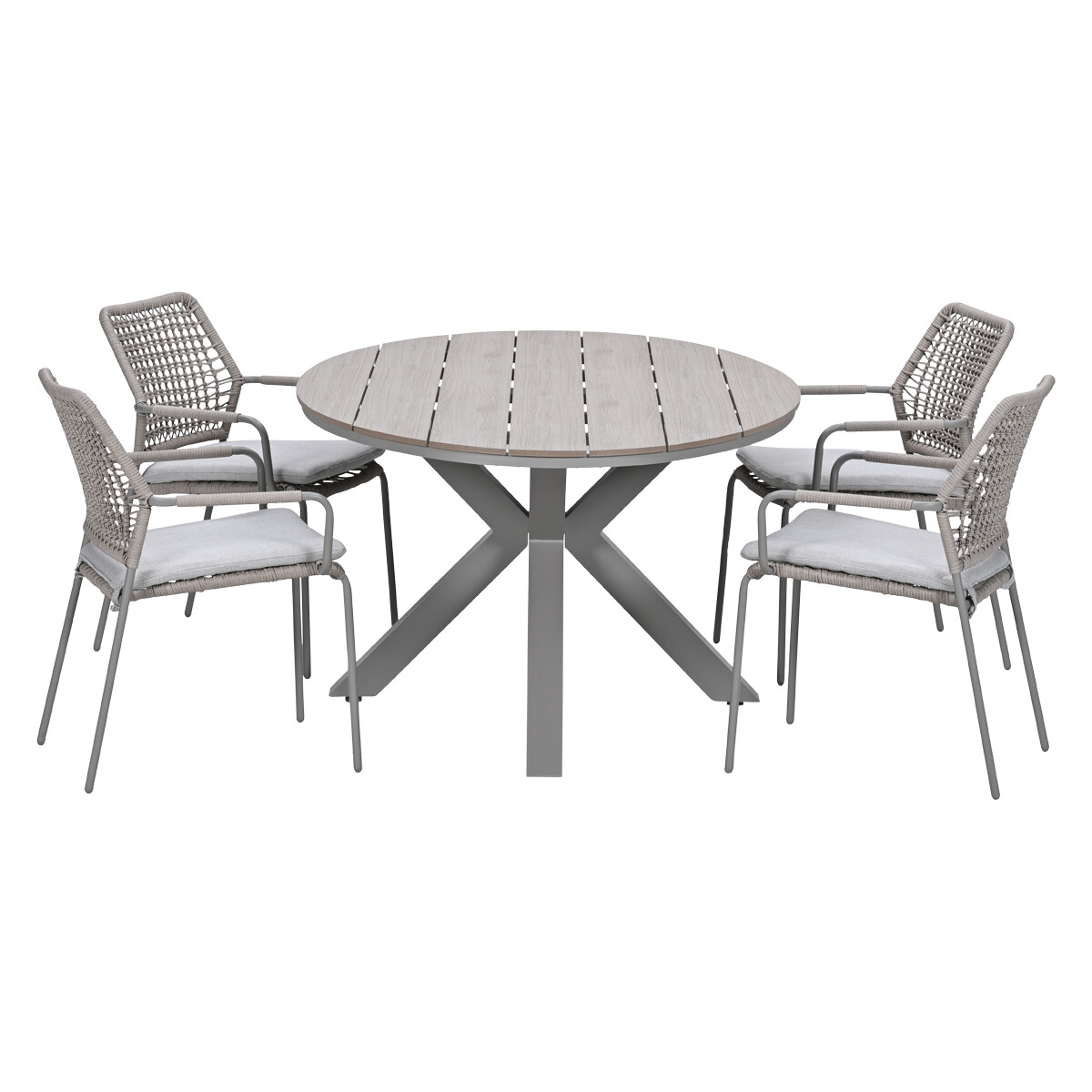 Grijze ronde tuintafel met vier rotan stoelen met grijze kussens.