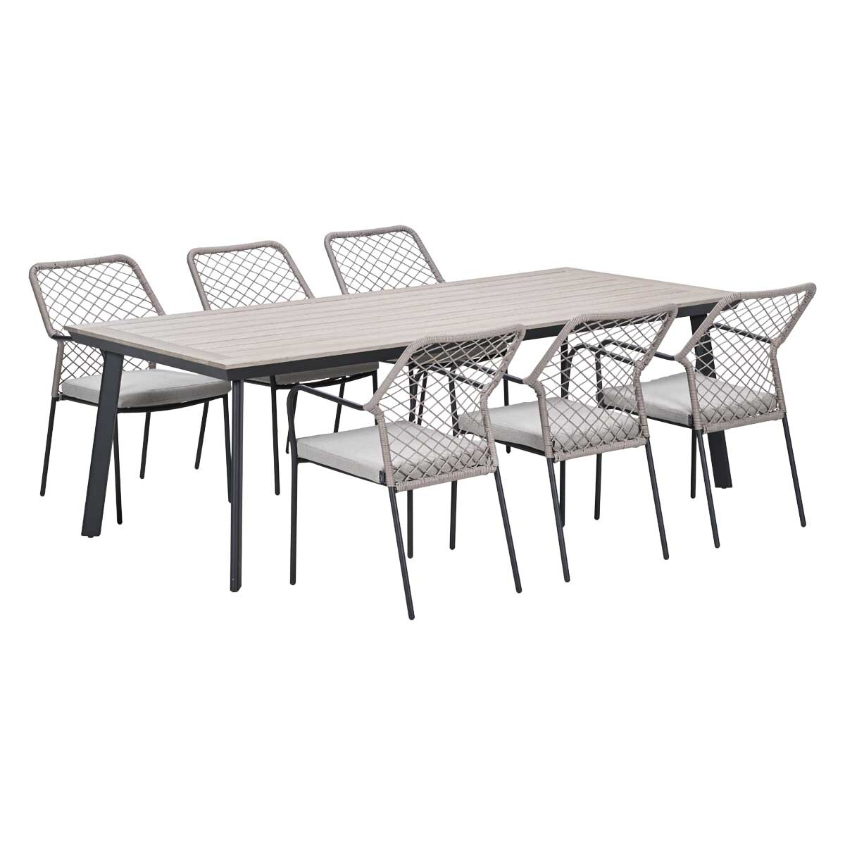 Een rechthoekige tafel met zes stoelen met grijze zitkussens.