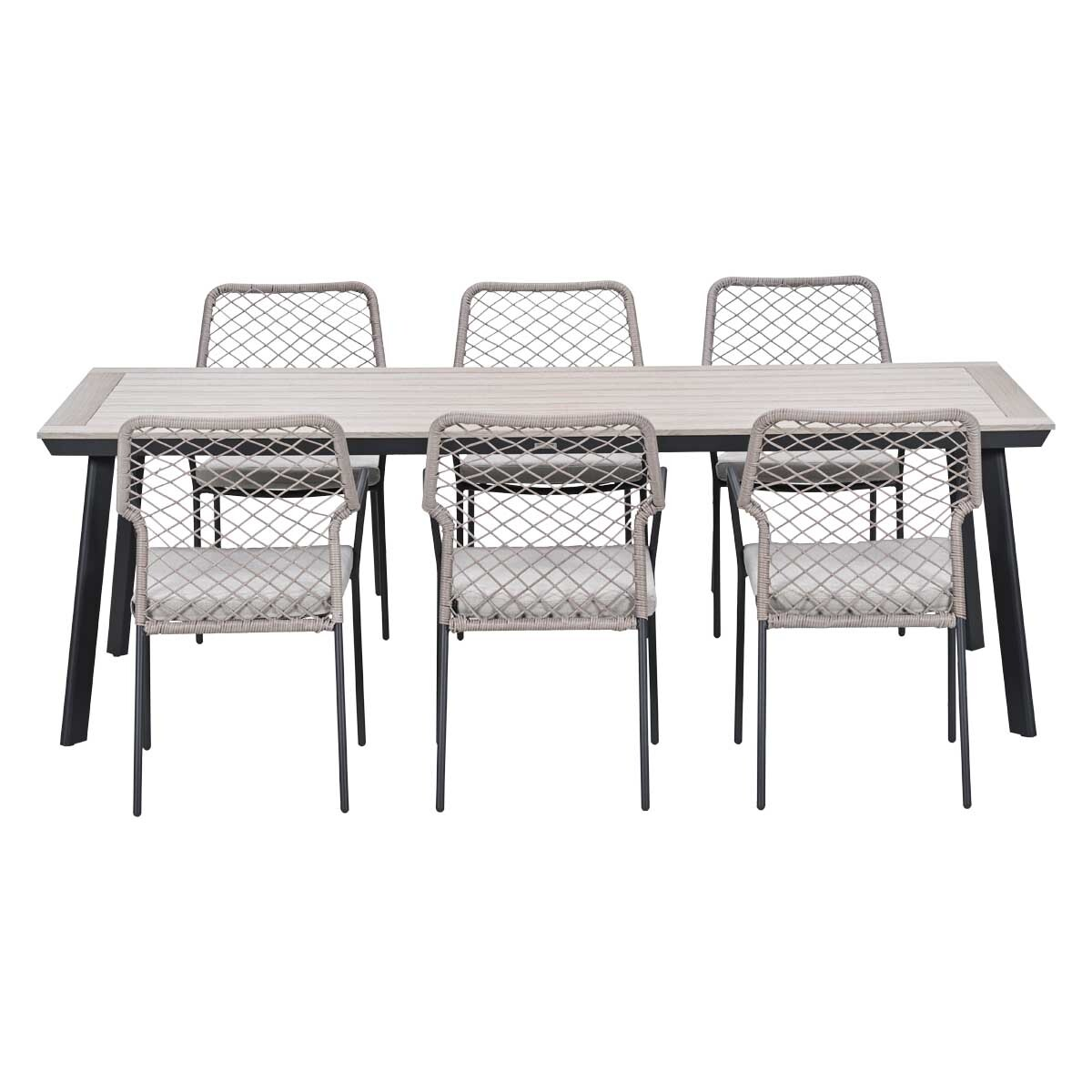Een rechthoekige tafel met zes stoelen. Moderne buitenset.
