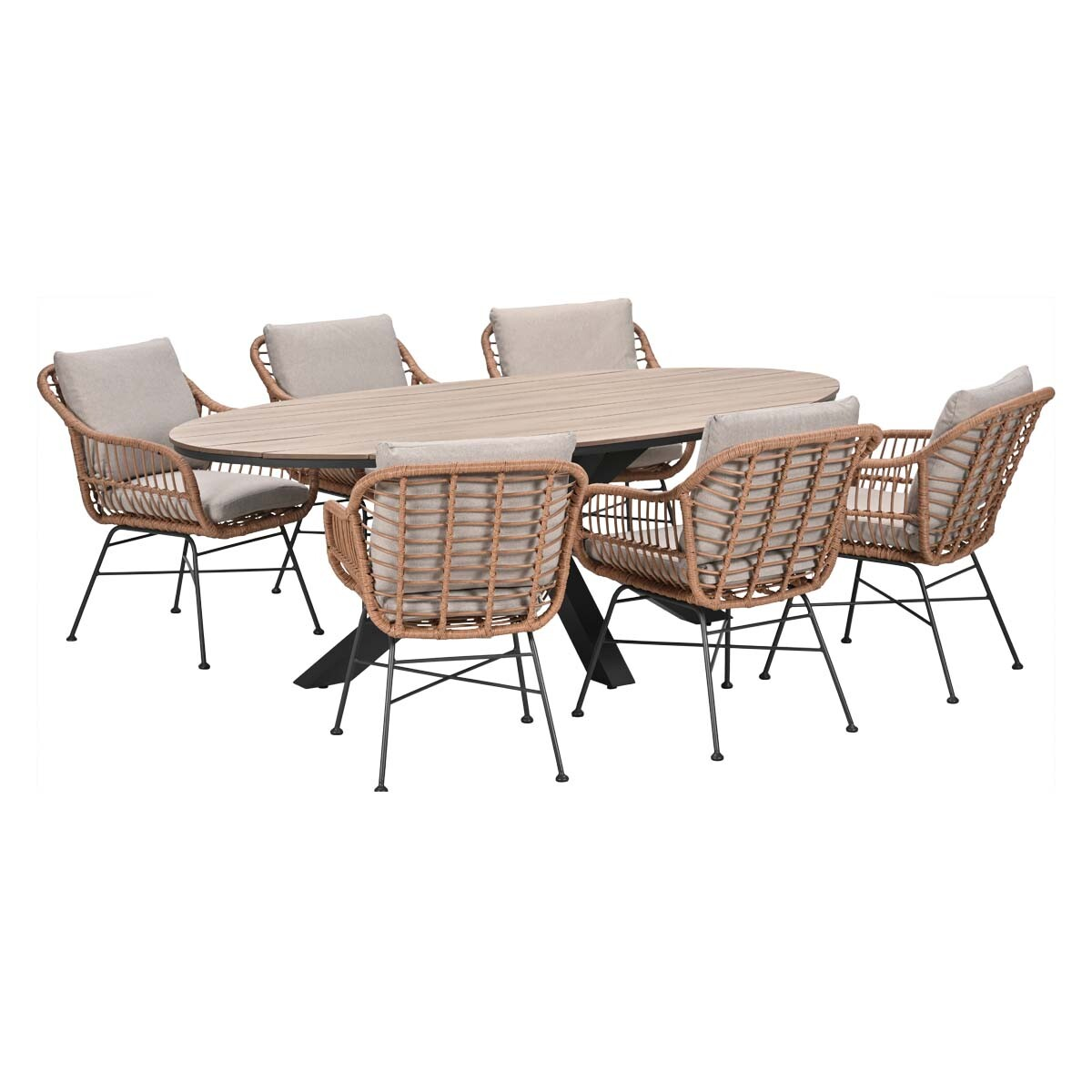 Ovale houten eettafel met zes rieten stoelen met lichte kussens op zwarte poten.
