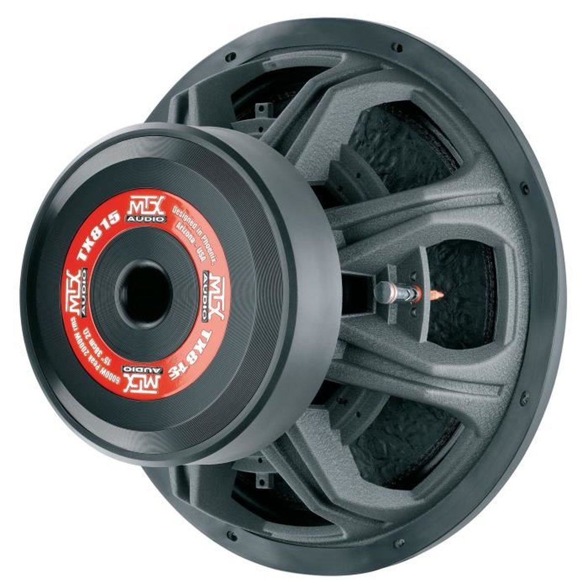 Ein schwarzer Subwoofer mit roten Akzenten und Beschriftungen.