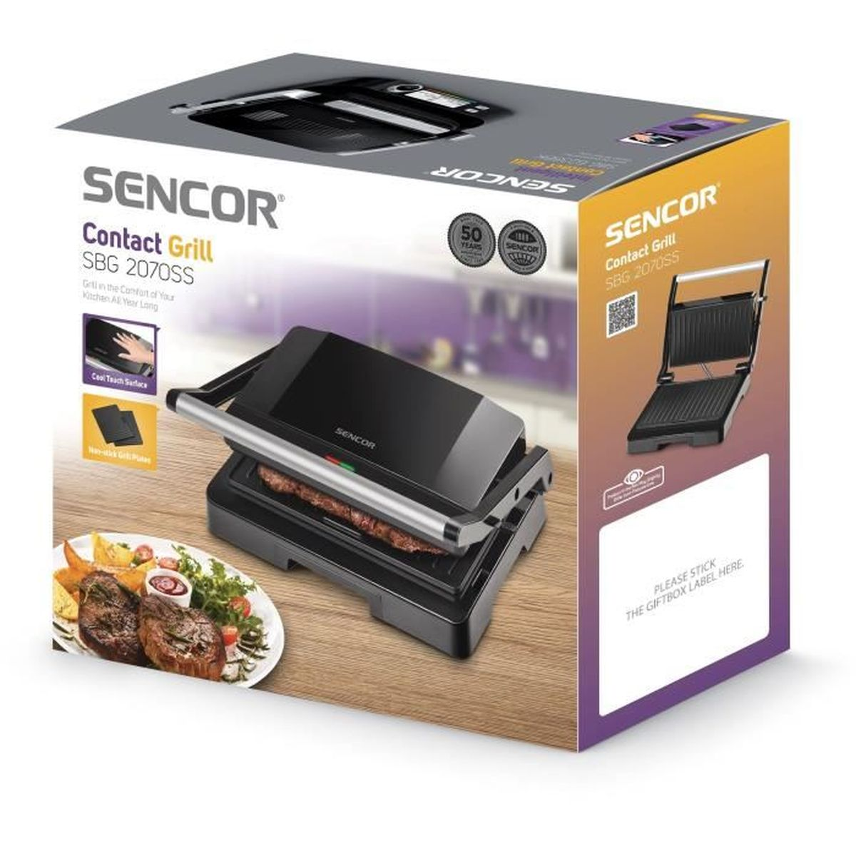 SENCOR Contact Grill SBG 2070SS con bistecca e contorni in un piatto.