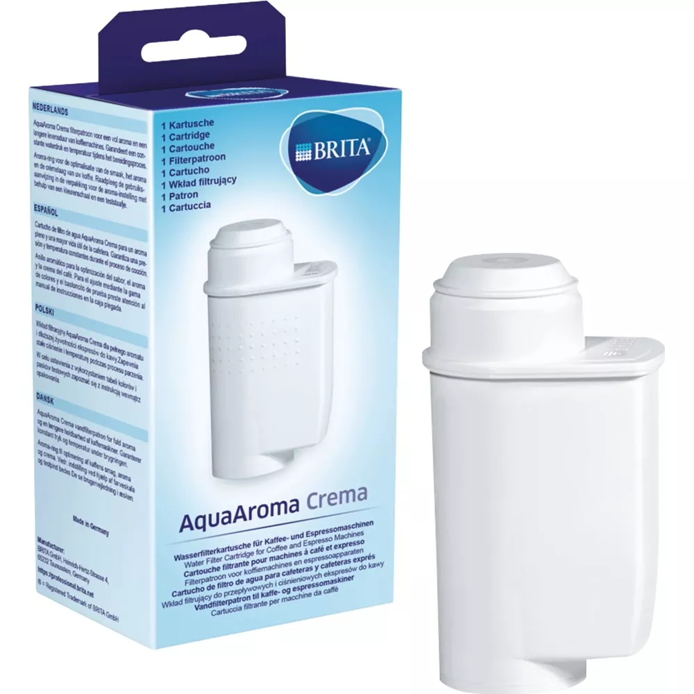 Eine weiße Brita AquaAroma Crema Wasserfilterkartusche und ihre Verpackung.