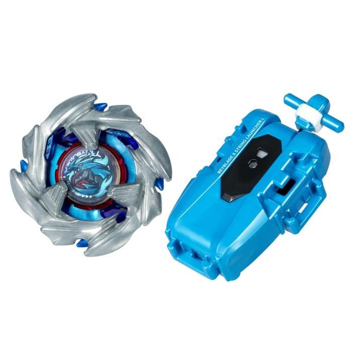 Un lanciatore Beyblade blu e un Beyblade argentato con accenti blu.