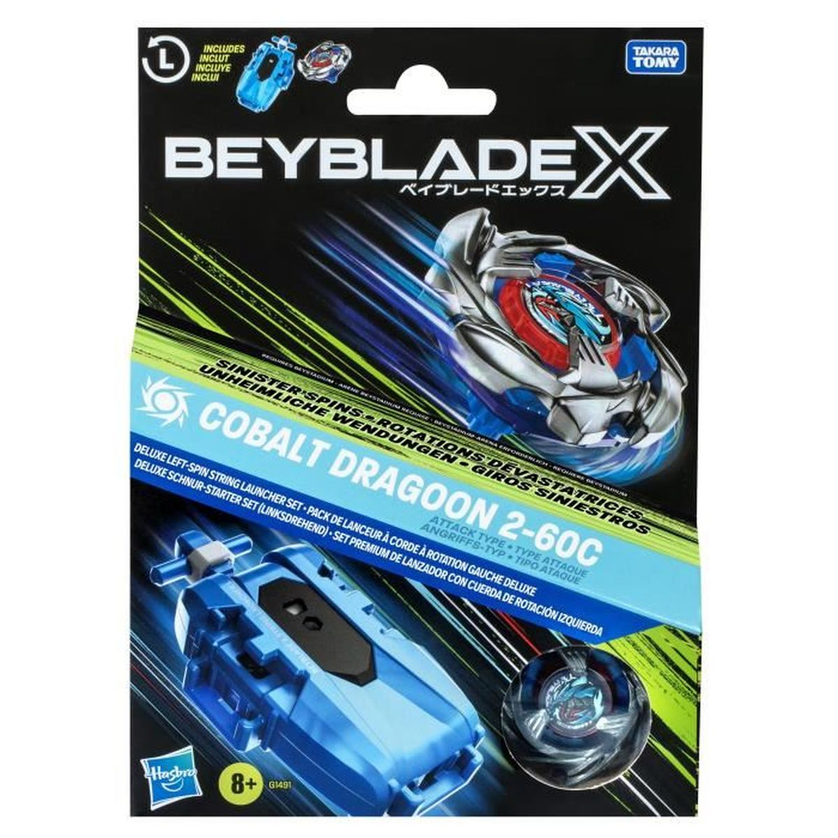 Set Beyblades X Cobalt Dragoon 2-60C con lanciatore blu su confezione nera.