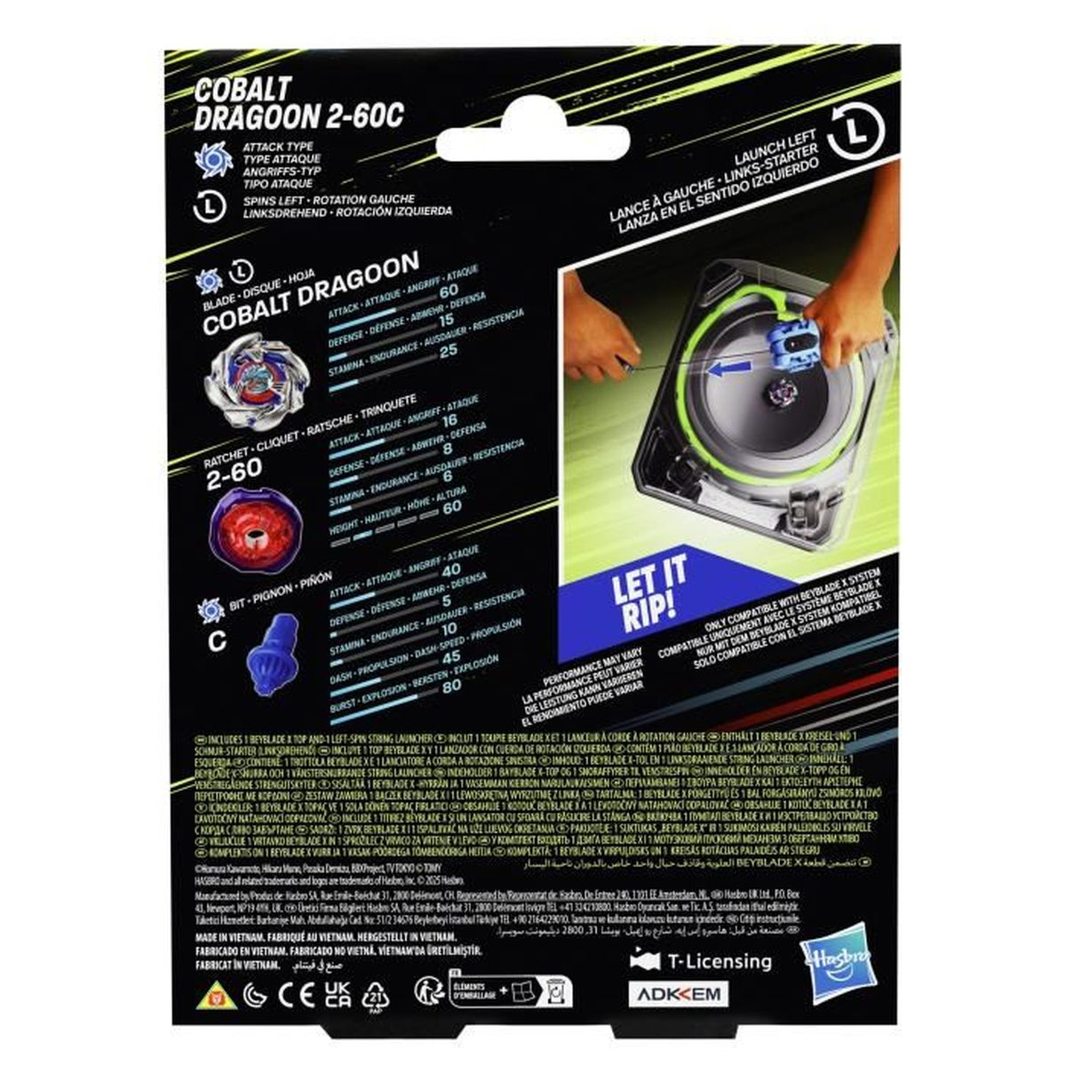 Confezione Beyblade X Cobalt Dragoon con istruzioni, lanciatore e accessori.