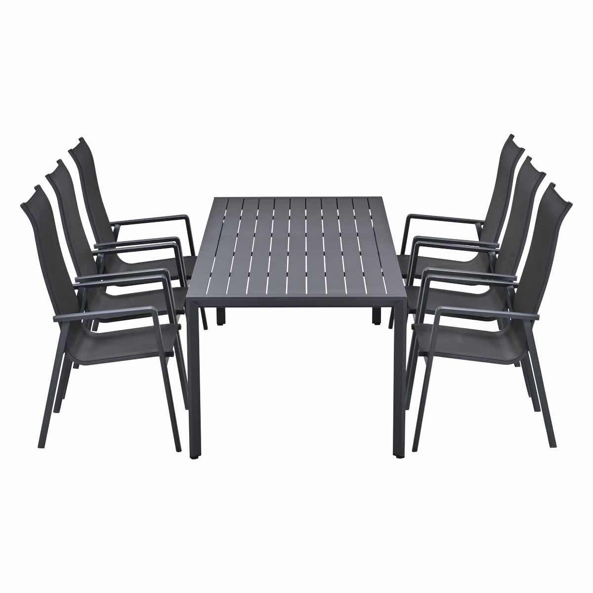 Een donkere rechthoekige tafel met zes bijpassende stoelen buiten.