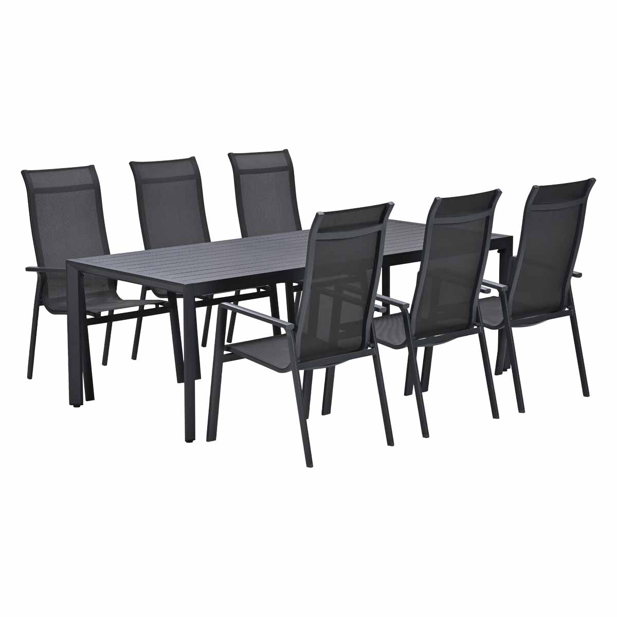 Een donkere eettafelset met zes stoelen.