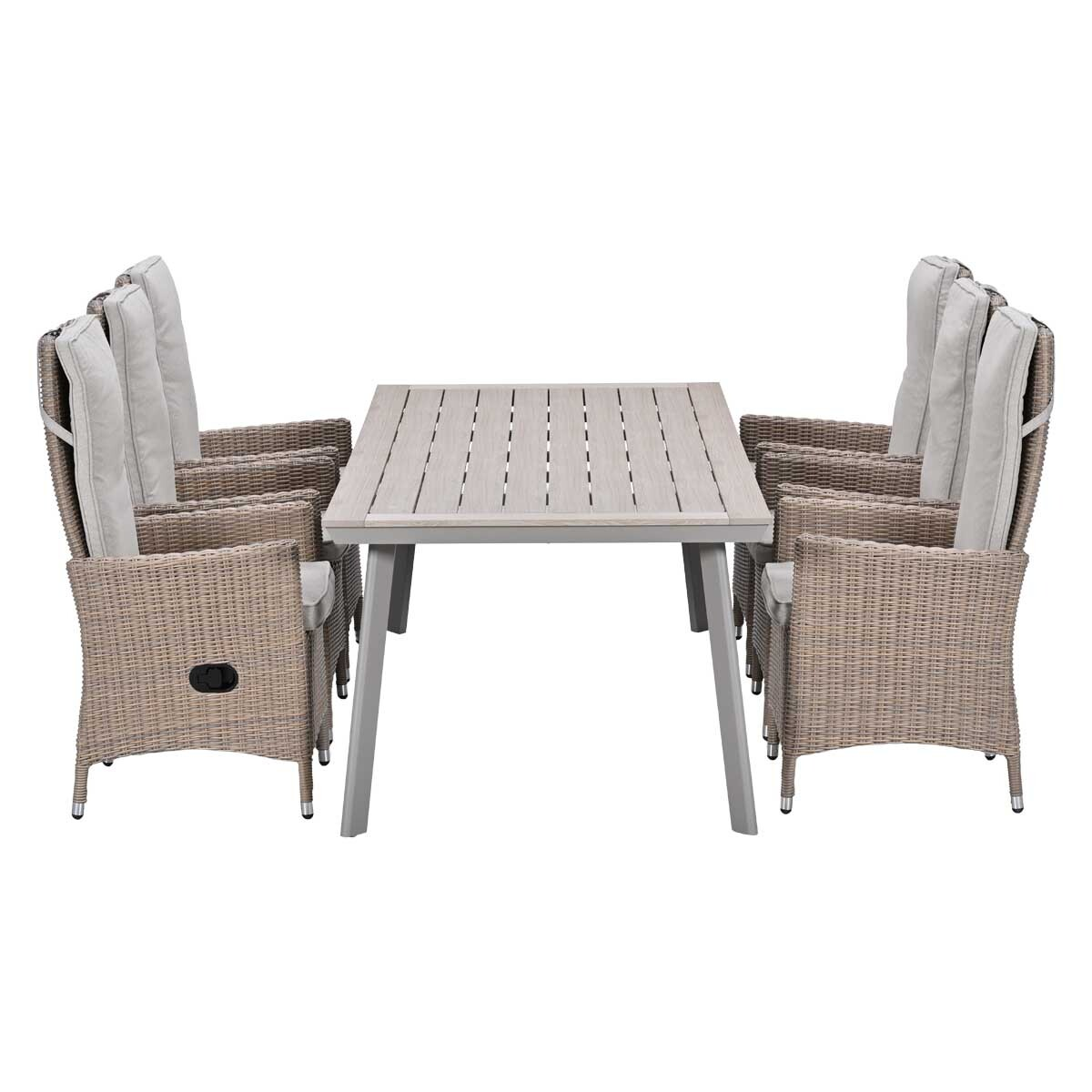 A light wood-look table with grey legs and four wicker chairs with light cushions.