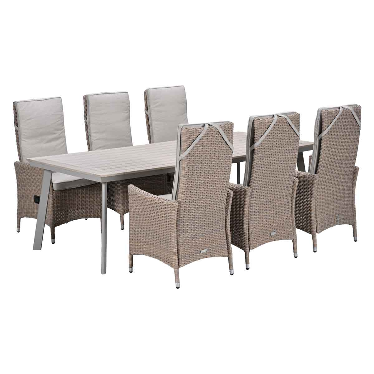 A gray table with six rattan chairs with light cushions.