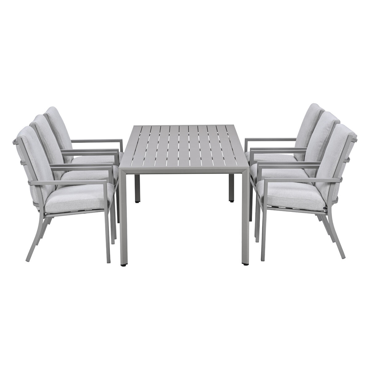 Grijze tafel met zes gestoffeerde stoelen, witte kussens, buitenset.