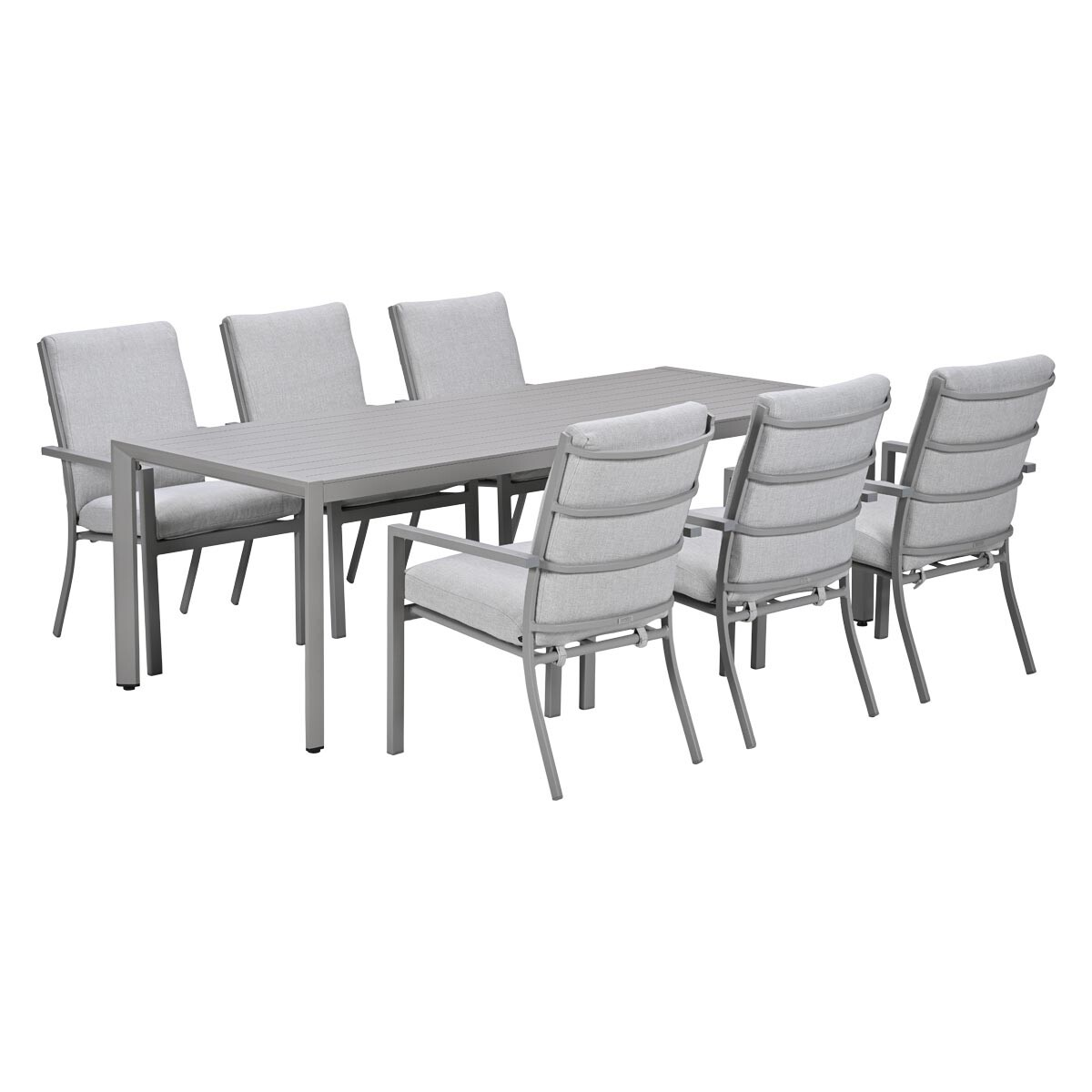 Grijze eettafel met zes gestoffeerde stoelen, voor buitengebruik.