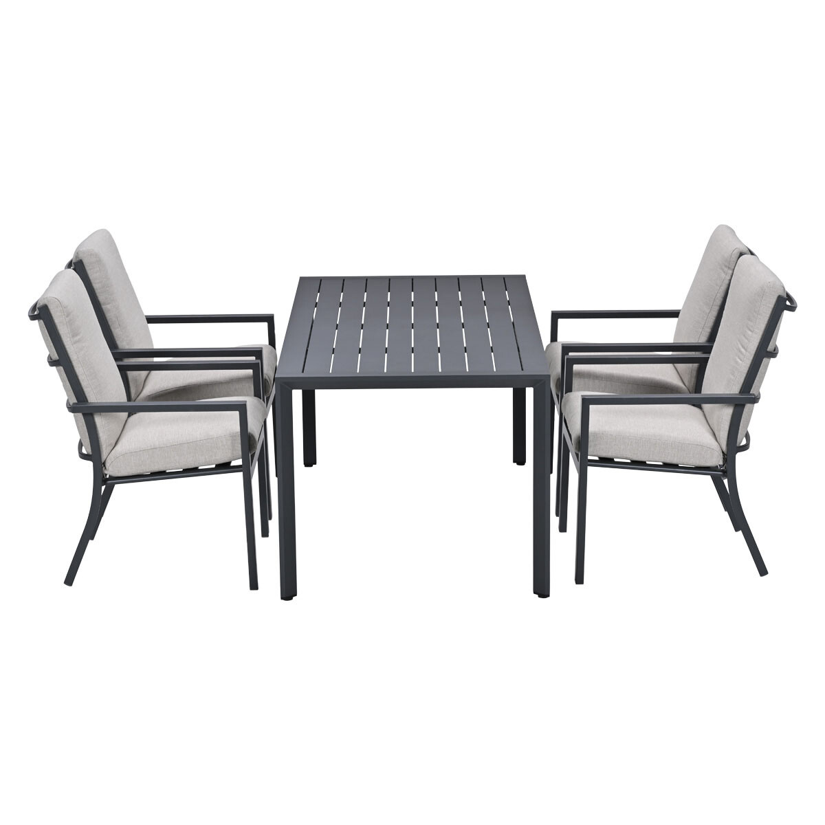 Donkergrijs tafel met vier gestoffeerde stoelen ernaast.