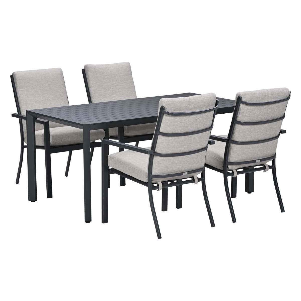 Een donkere rechthoekige tafel met vier lichtgrijze gestoffeerde stoelen.