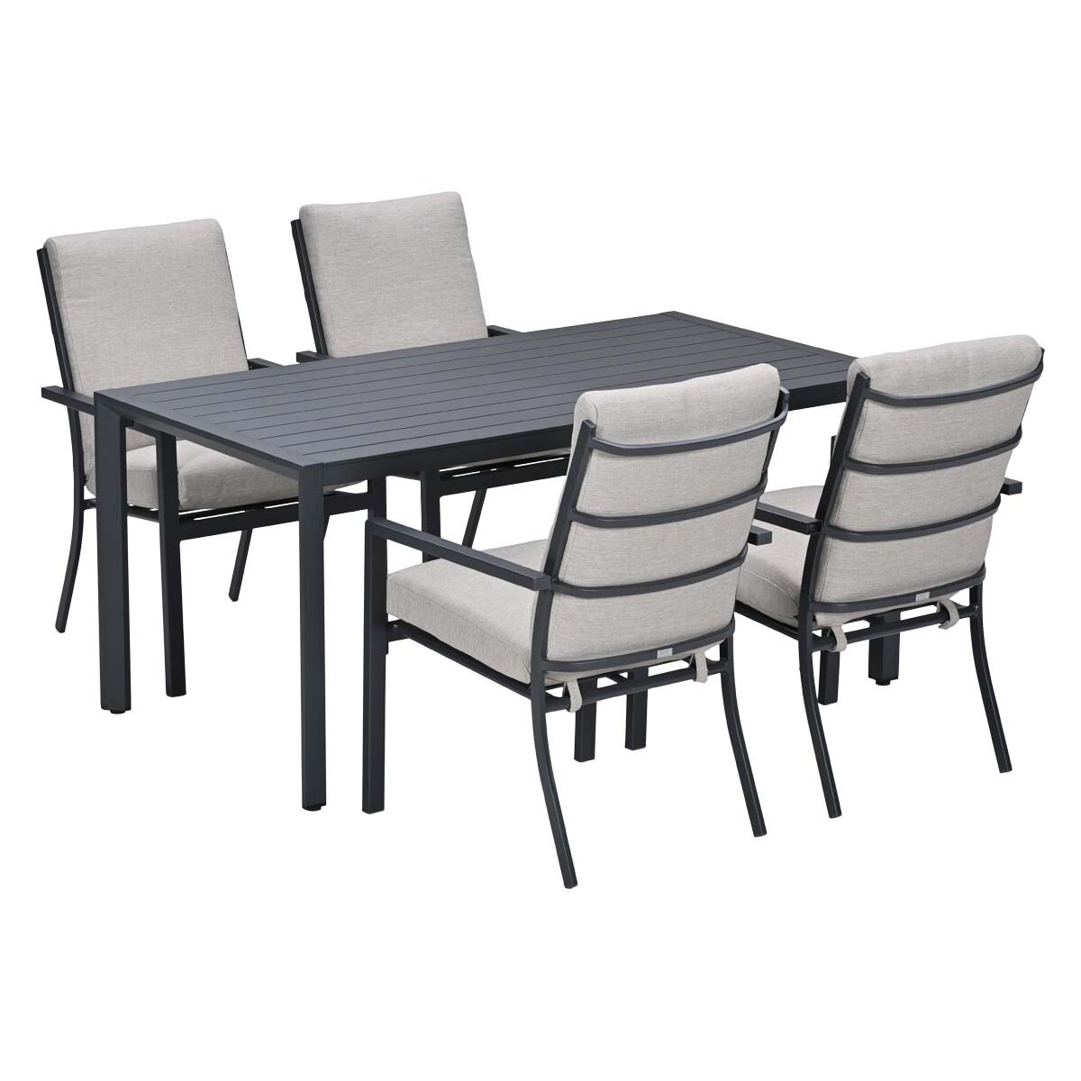 Een donkere rechthoekige tafel met vier lichtgrijze stoelen met kussens.