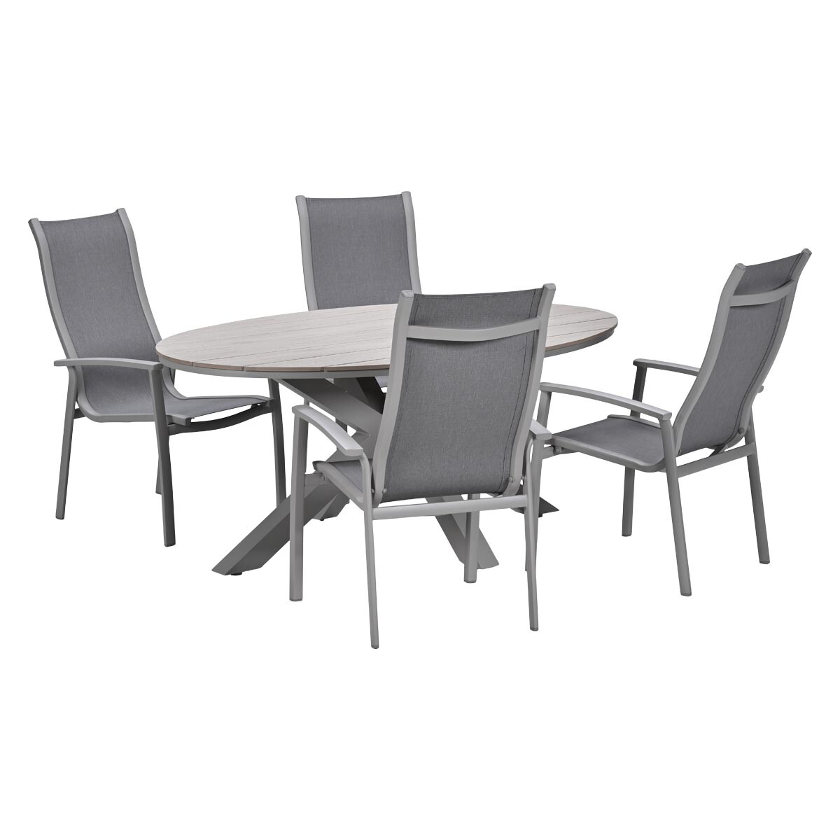 Een ovale tafel met vier grijze stoelen op een witte achtergrond.