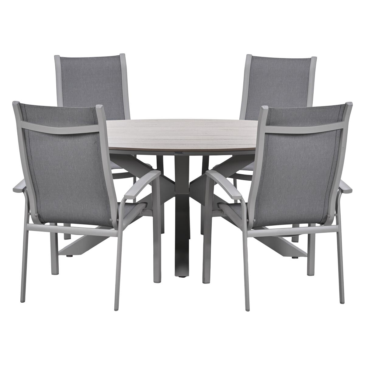 Grijze ronde tafel met vier stoelen met stofbekleding.