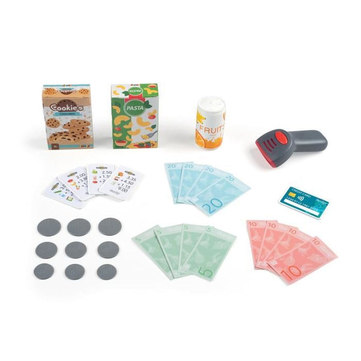 Spielzeug-Supermarktartikel: Kekse, Nudeln, Getränk, Scanner, Geld und Karten.