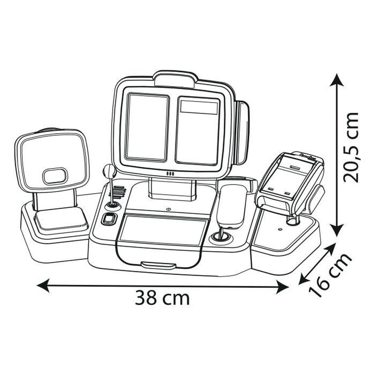 Technische Zeichnung eines Kassensystems mit Maßen 38x20,5x16cm.