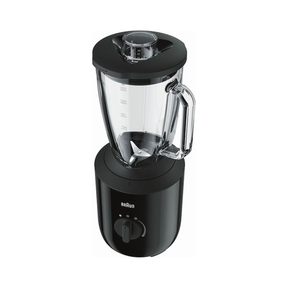 Ein schwarzer Braun Standmixer mit Glaskrug und Messskala.