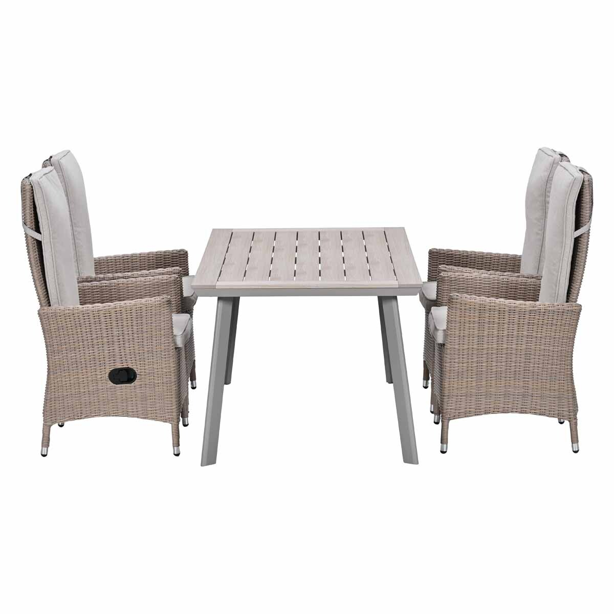 A rectangular table with four rattan chairs with light cushions on a white background.